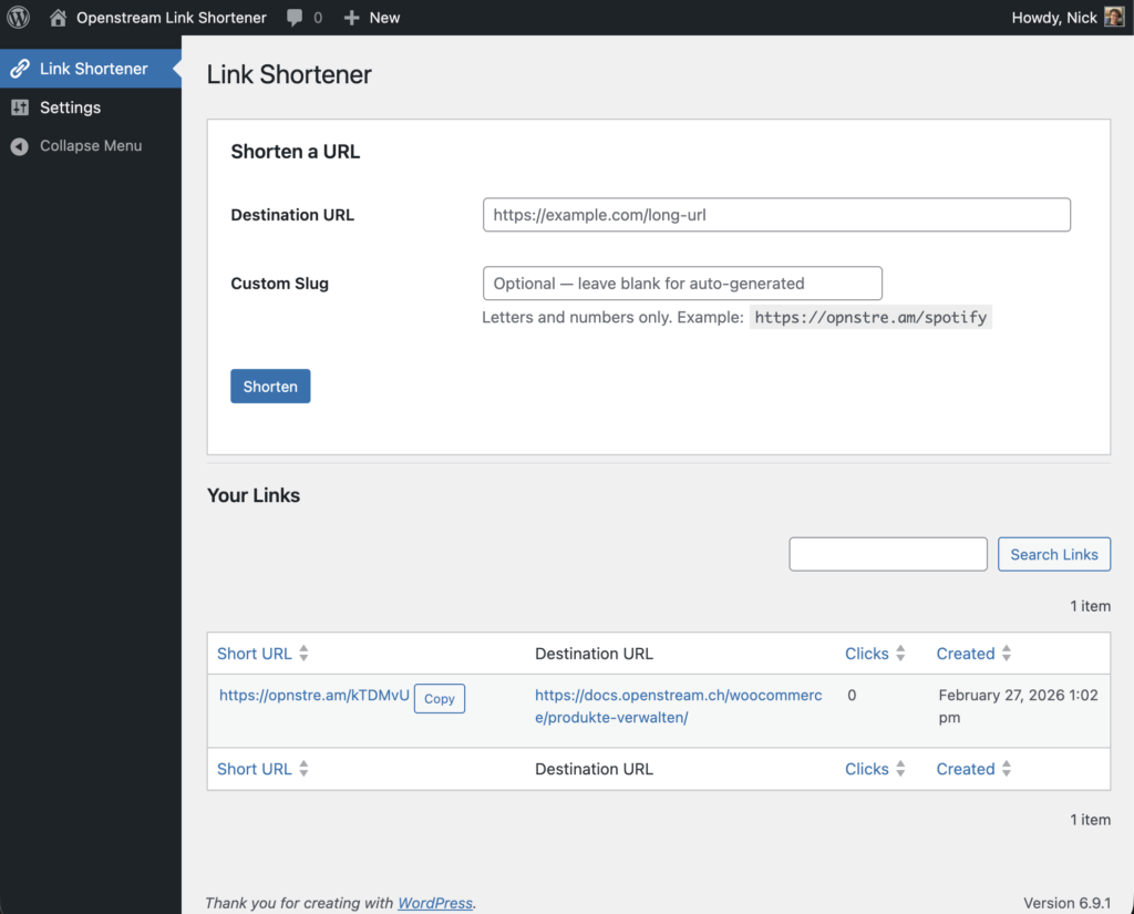 Openstream Link Shortener WordPress Plugin Admin Screenshot